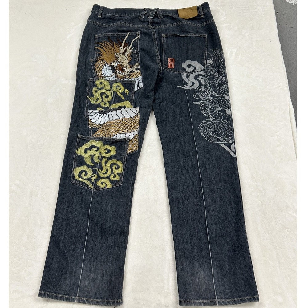 Muka Dragon Embroidered Jeans Mens 40 Dark Wash Multi-Pocket Streetwear Y2K